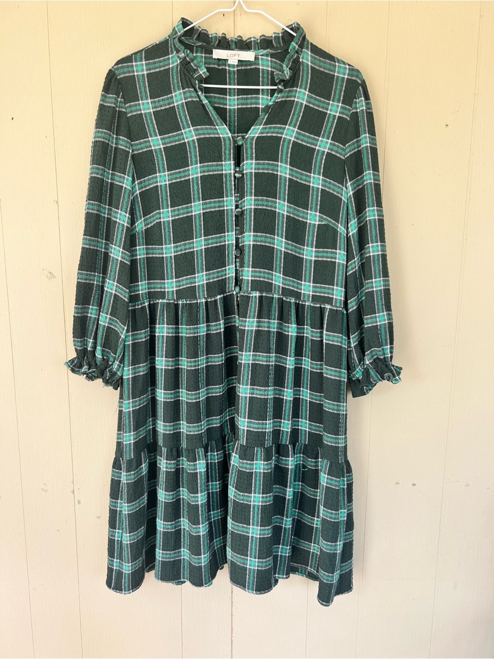 LOFT women’s Dark Green Plaid Tiered Ruffle Dress